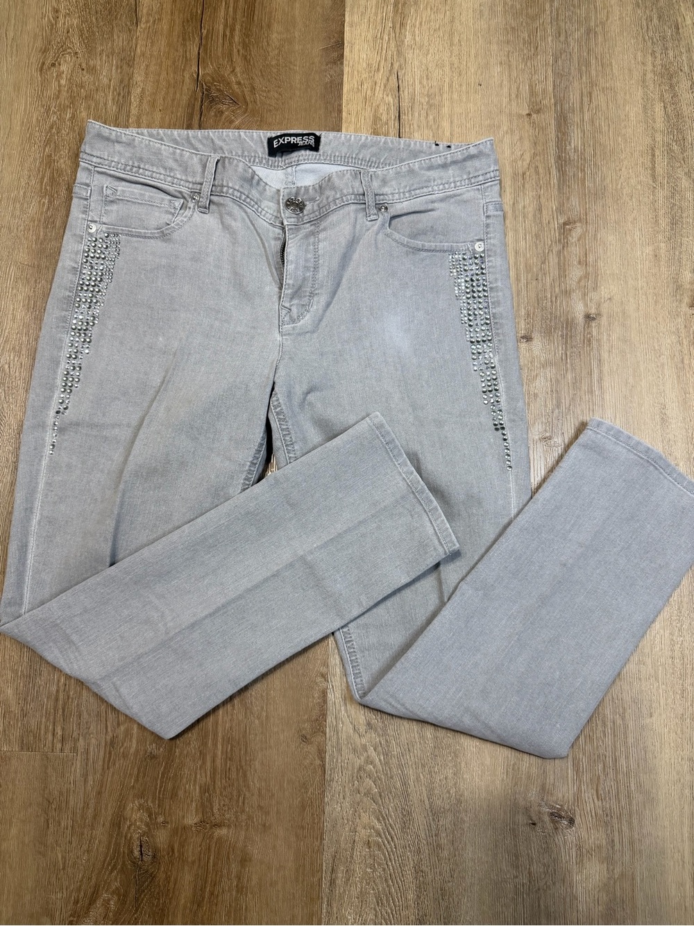 Express Women's Light Gray Skinny Jeans with Rhinestone Trim